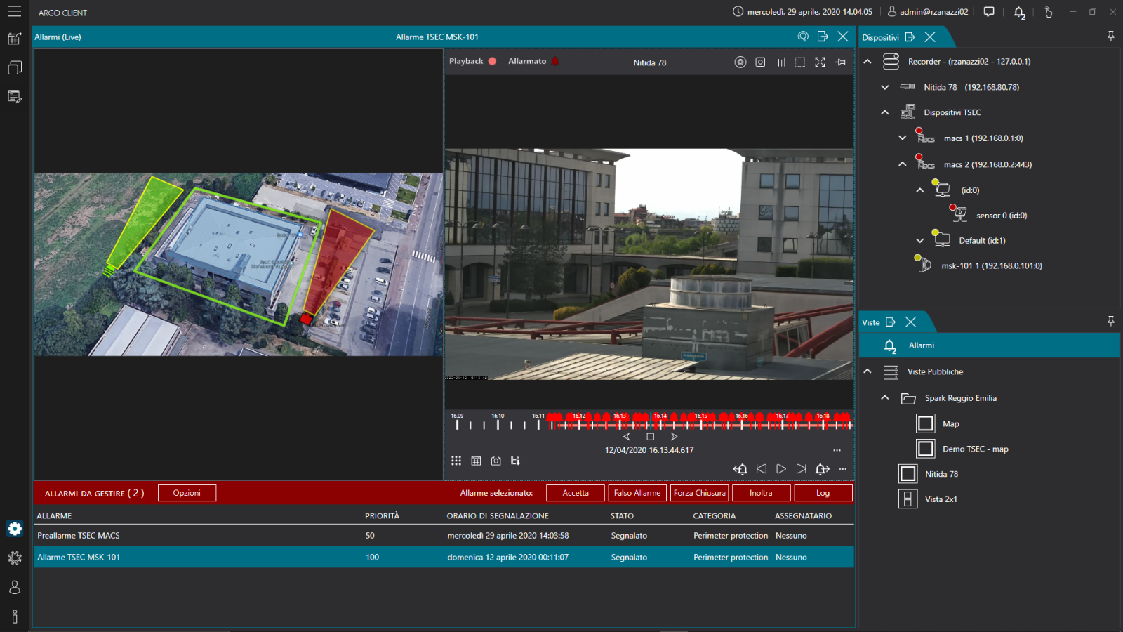 電子地圖 Argo支援匯入多層電子地圖，可將攝影機拉至相對位置以模擬實際監控場域。當事件發生時，攝影機將跳出警報和即時影像，以利管理者快速處理。